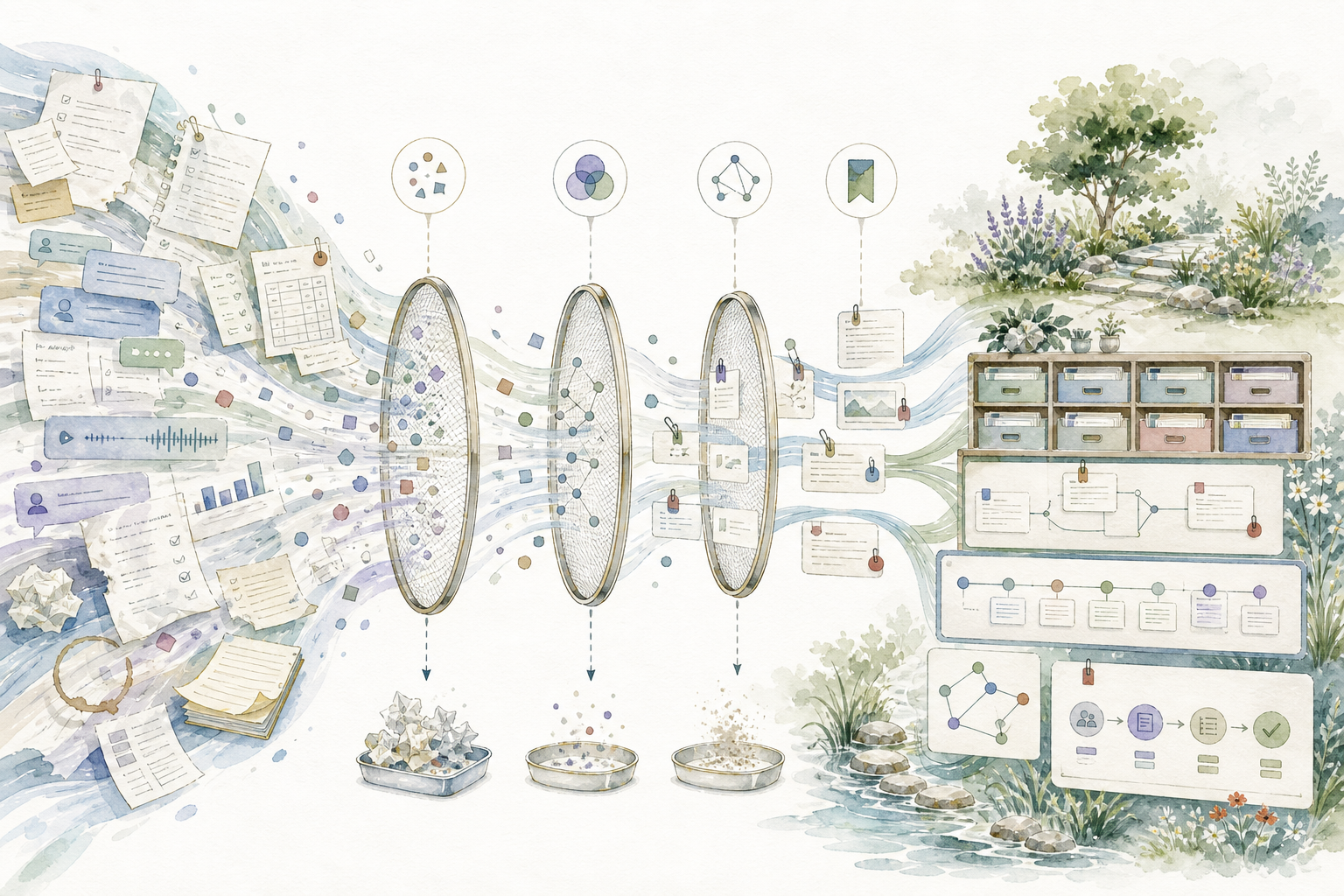 水彩画：杂乱的文档、记录和媒体经过筛选，沉淀为有序的知识花园