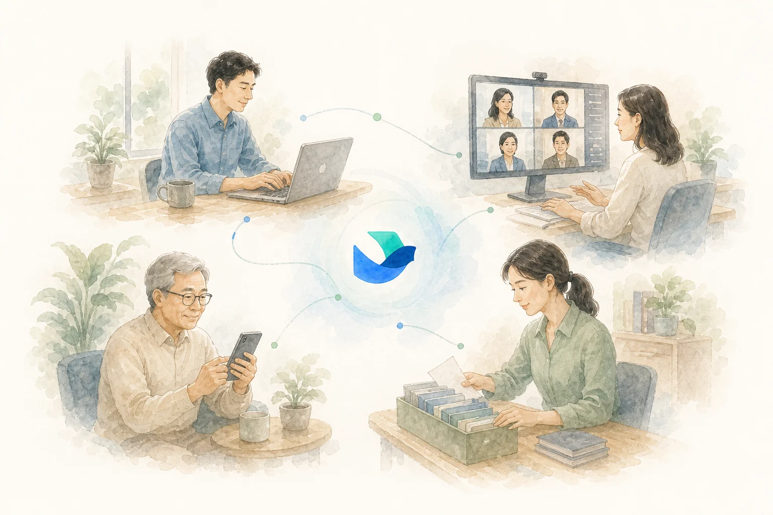不同年龄的工作者通过文档、会议、表格、浏览器和智能助手协作的水彩画